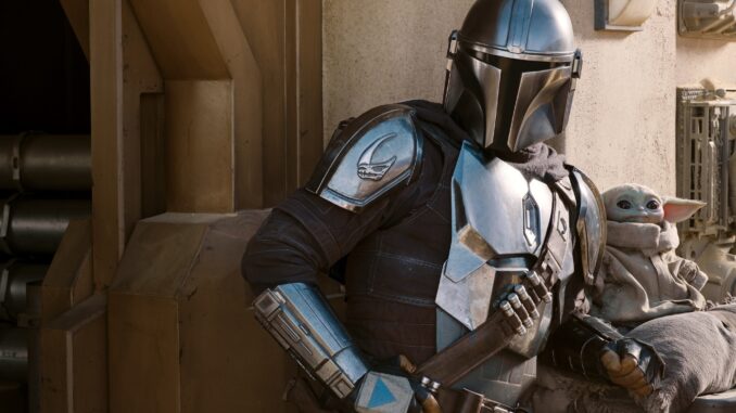 The Mandalorian (Pedro Pascal) en The Child/Baby Yoda in seizoen 2 van The Mandalorian. Disney+.